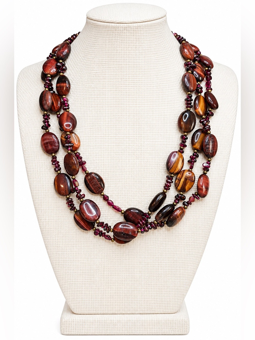 Garnet and Tigers Eye 3 stranded necklace 20 inches with magnetic clasp
